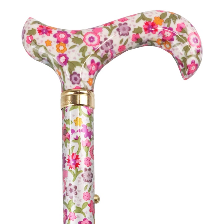 Adjustable Folding Elite Derby Handle Pink Floral Walking Stick