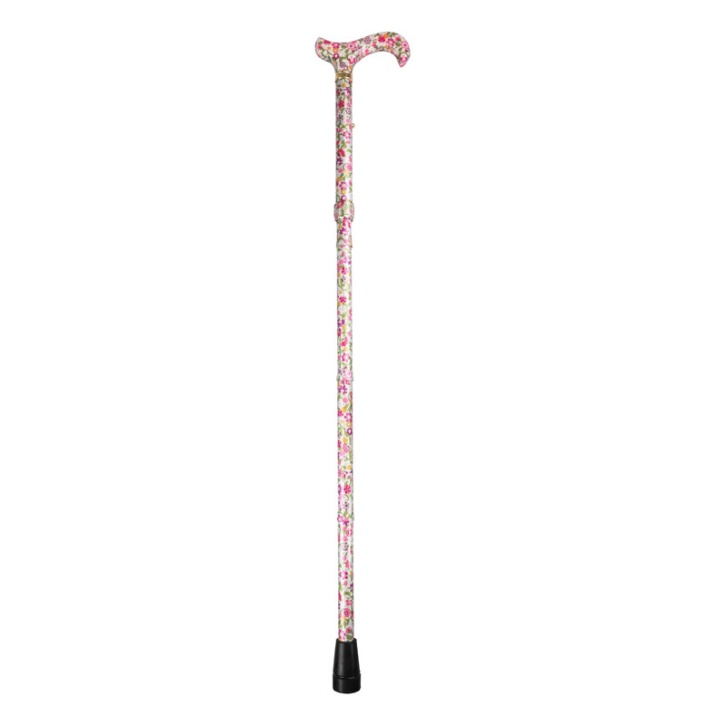 Adjustable Folding Elite Derby Handle Pink Floral Walking Stick