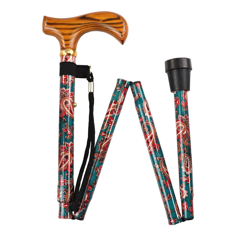 Height-Adjustable Folding Paisley Walking Stick with Derby Handle