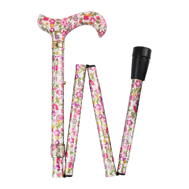 Adjustable Folding Elite Derby Handle Pink Floral Walking Stick