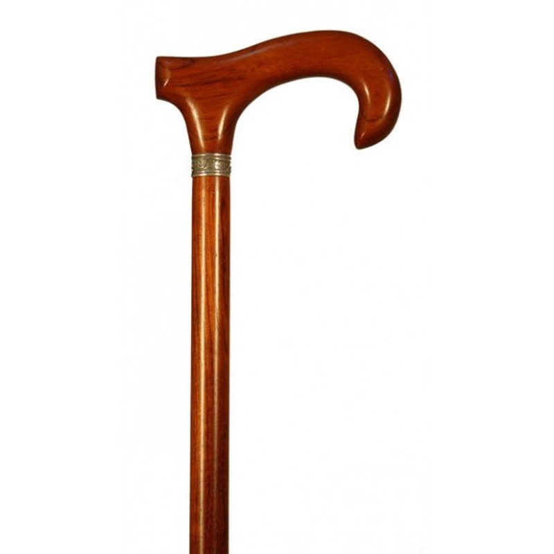 Finna Brown Bubinga Wood Walking Cane with Derby Hook Handle and Silver Collar