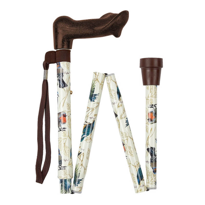 Ziggy Bird-Pattern Adjustable Folding Walking Stick with Anatomical Handle (Left Hand)