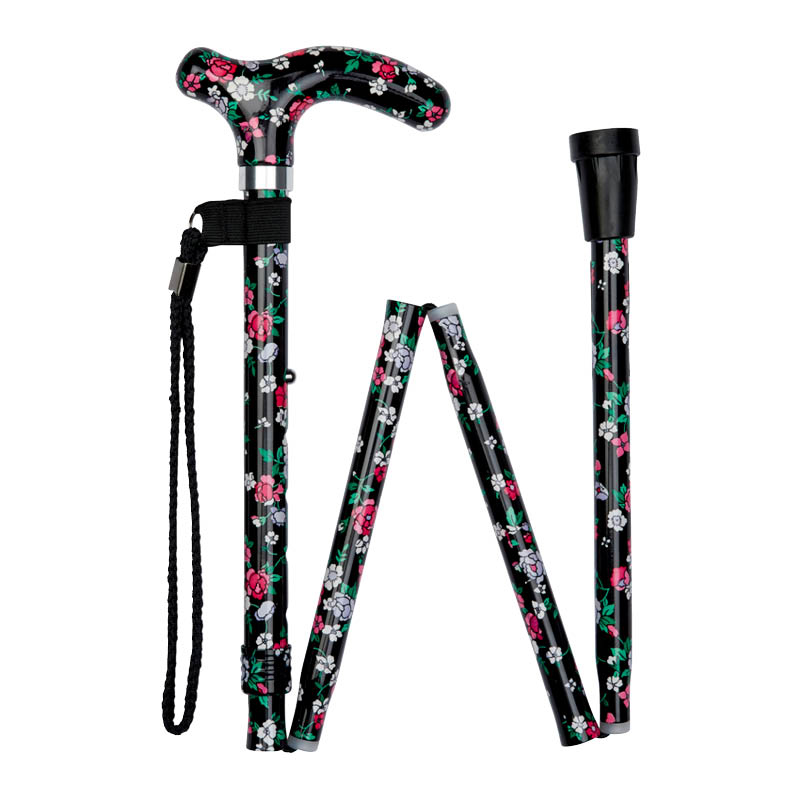 Ziggy Black Floral Petite Handle Folding Adjustable Walking Stick