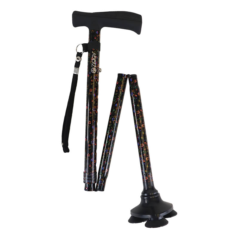 Ziggy Floral Tribase Height-Adjustable Folding Walking Stick with Crutch Handle