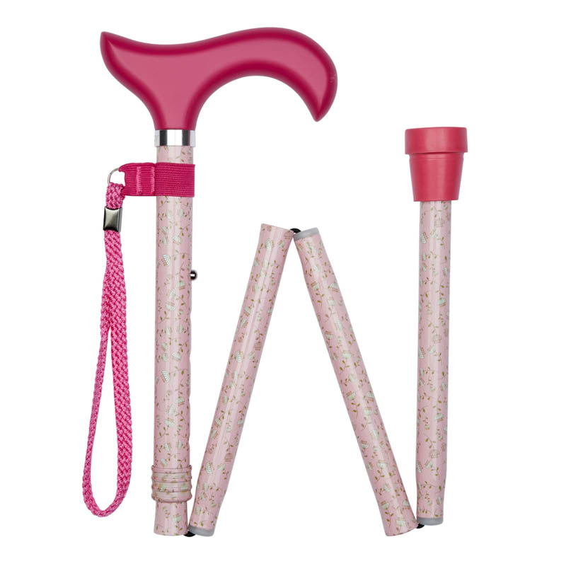 Ziggy Pink Floral Folding Height-Adjustable Walking Stick with Derby Handle