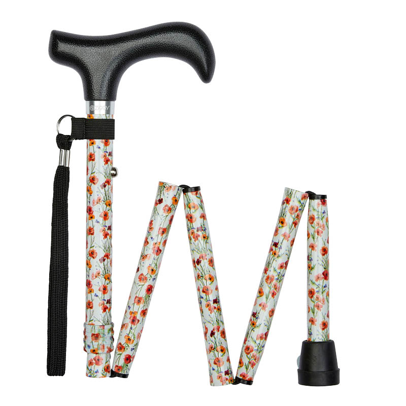 Ziggy Poppy-Pattern Short Height-Adjustable Folding Walking Stick