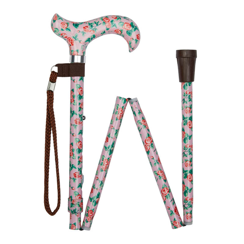 Ziggy Rose Pattern Derby Handle Folding Adjustable Walking Stick