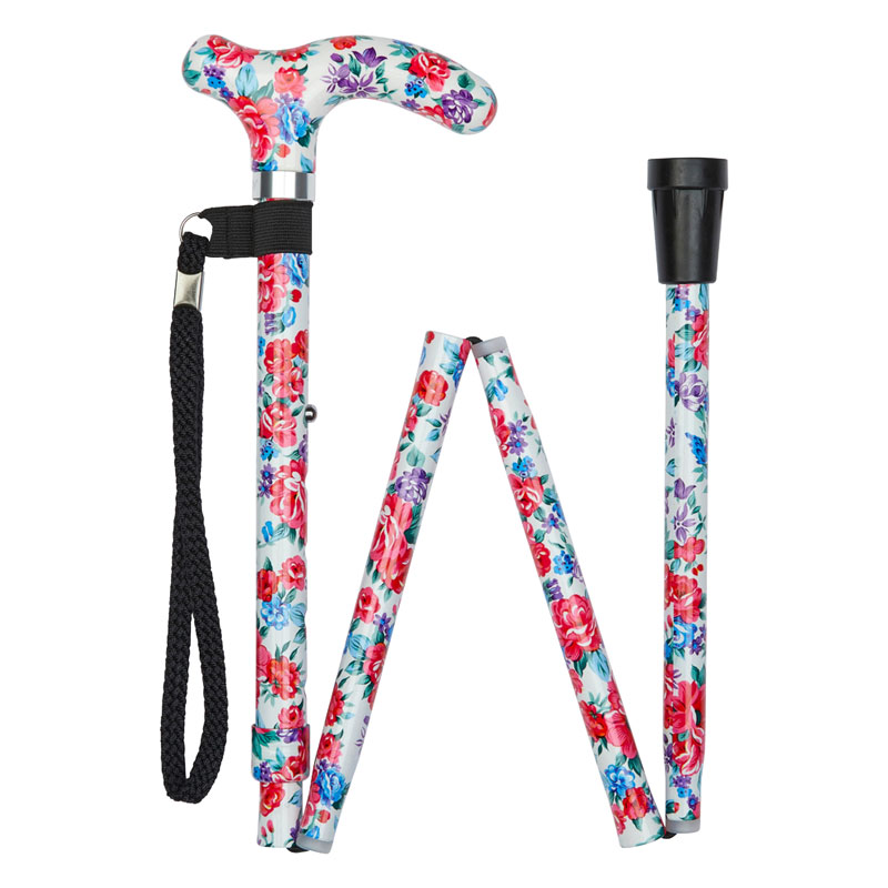 Ziggy White Floral Petite Handle Folding Adjustable Walking Stick