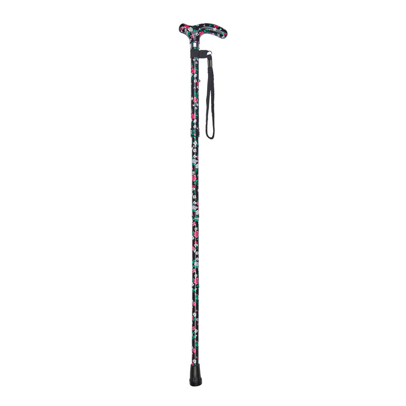 Ziggy Black Floral Petite Handle Folding Adjustable Walking Stick