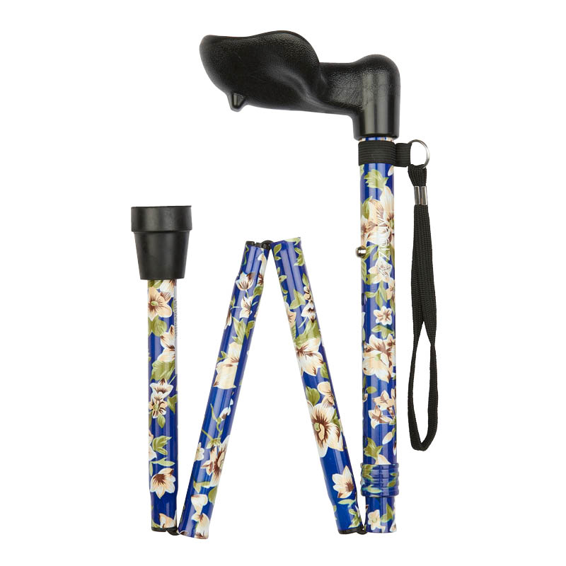 Ziggy Blue Morris Flower Adjustable Folding Walking Stick with Anatomical Handle (Left Hand)