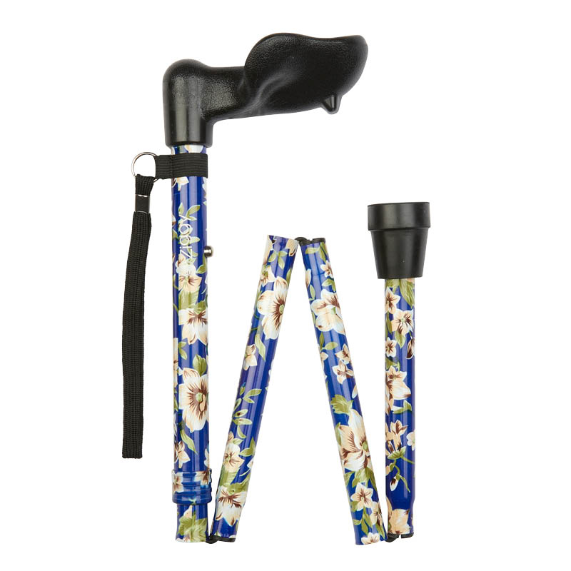 Ziggy Blue Morris Flower Adjustable Folding Walking Stick with Anatomical Handle (Right Hand)