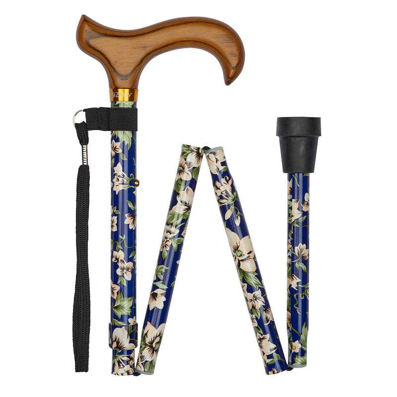 Ziggy Blue Morris Folding Height-Adjustable Walking Stick with Wooden Derby Handle