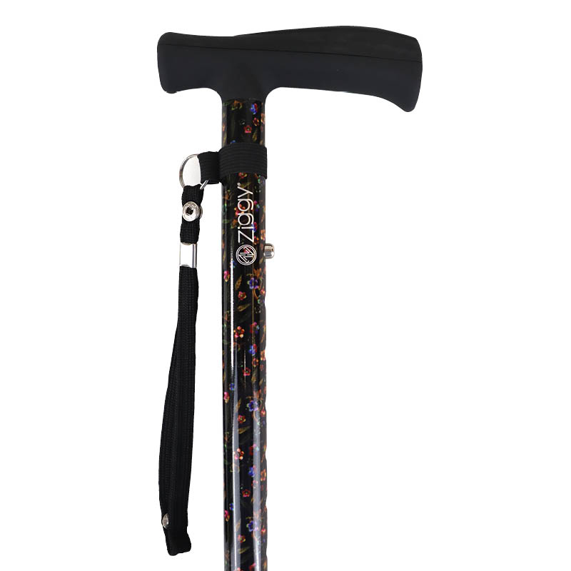 Ziggy Floral Tribase Height-Adjustable Folding Walking Stick with Crutch Handle