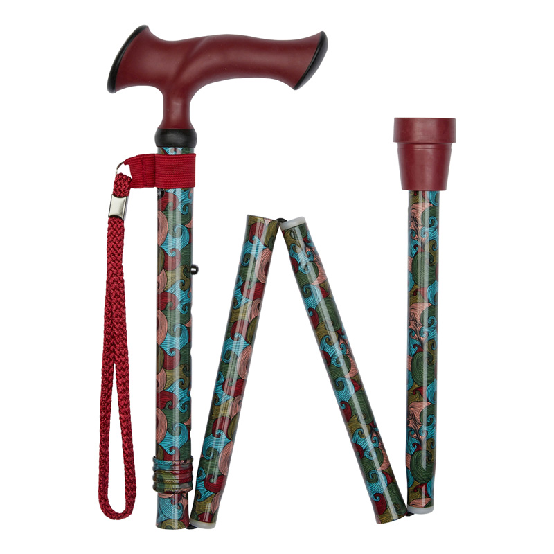 Ziggy Red Wave Pattern Ergonomic Gel-Handle Folding Walking Stick